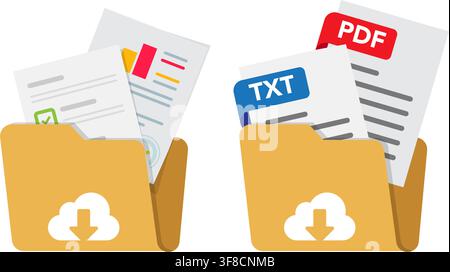 two yellow open folders filled with documents pdf txt files and cloud download symbols for cloud storage management Stock Vector