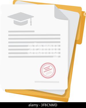 academic diploma document with graduation cap symbol and official stamp seal kept inside a yellow record folder file. Stock Vector
