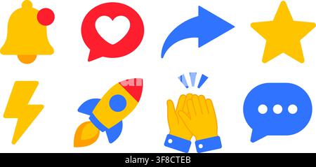 Social media reaction icon set illustration with notification bell, like bubble, share arrow, favorite star, lightning bolt, rocket, clapping hands an Stock Vector