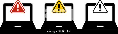 Laptop warning alert icon set illustration with caution triangle symbols on computer screens, cyber risk notice concept for security error, system pro Stock Vector