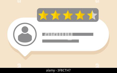 Customer review card illustration with user profile icon and four and a half star rating, online feedback testimonial bubble for service evaluation, a Stock Vector