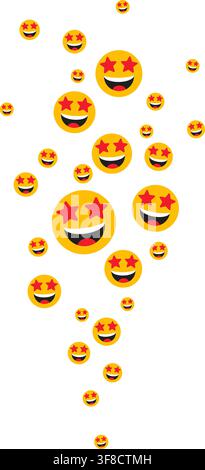 Floating star eyes smiley faces illustration, happy yellow reaction symbols with red star eyes and laughing mouths, scattered social media emoticon pa Stock Vector