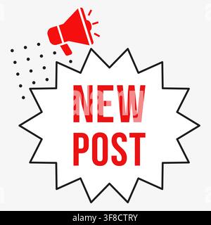 New Post social media badge illustration with megaphone icon, bold red text, jagged speech label, black outline and dotted decoration for announcement Stock Vector