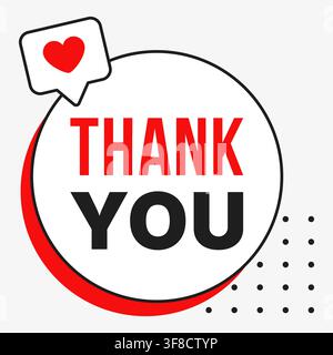 Thank You social media badge illustration with heart notification, bold red and black text, round white label, black outline and dotted accents for ap Stock Vector