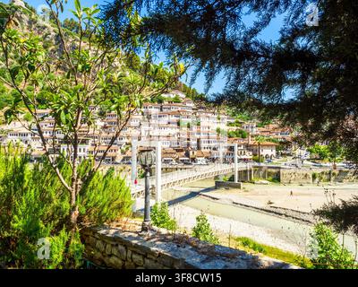 Stone houses in the old quarter of Mangalem - Berat, Albania Stock Photo