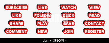 Social media call to action sticker word set with subscribe, like, share, comment, live, follow, click, watch and register labels in red white black f Stock Vector
