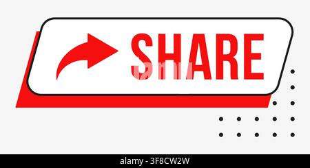 Share social media call to action button illustration with red arrow icon, bold red text, rounded white banner, black outline and dotted accents for o Stock Vector
