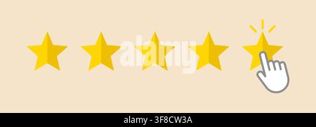 Five star rating click illustration with hand pointer pressing last yellow star on beige background, customer feedback concept for online review, serv Stock Vector