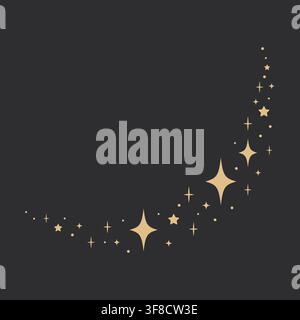 Golden twinkle symbols and star sparks in curved arc composition on dark background, elegant celestial sparkle illustration for magic trail, decorativ Stock Vector
