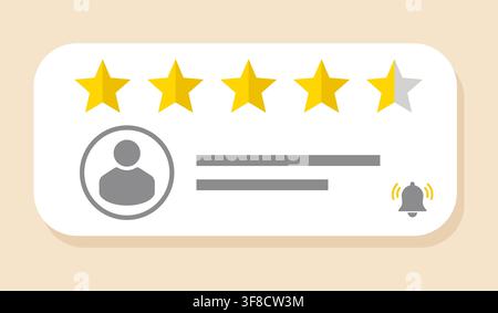 Customer review notification card illustration with four and half star rating, user avatar, text lines and ringing bell icon on beige background, clea Stock Vector
