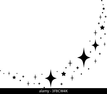 Scattered twinkle symbols and star sparks in curved arc composition, black sparkle stars illustration with monochrome magic trail isolated for celesti Stock Vector