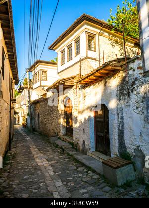 Stone house in a narrow street in the old quarter of Mangalem - Berat, Albania Stock Photo