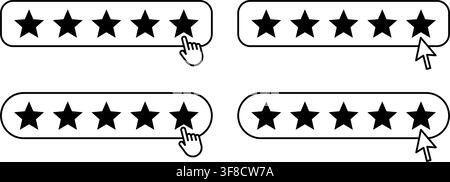 Black outline five star rating bars illustration set with hand cursor and arrow pointer clicking last star, simple monochrome feedback design for revi Stock Vector