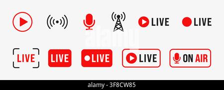 Live Streaming Icons and Badge Set, Red Black Broadcast Symbols with Play Button, Signal, Microphone, Tower and On Air Labels for Video Stream, Social Stock Vector