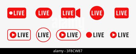 Live Streaming Badge Set, Red Broadcast Labels and Video Buttons, Minimal Flat Vector Icons for Online Stream, Social Media, Webinar, News, App and Di Stock Vector
