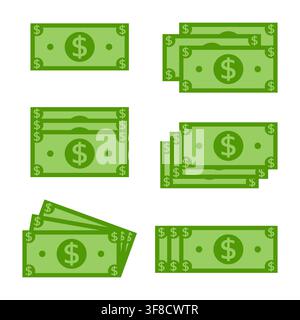set of rectangle green dollar banknote icon isolated on white background. Stock Vector