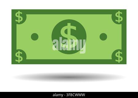 rectangle green dollar banknote icon with shadow on white background. Stock Vector