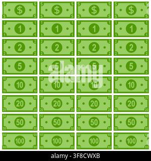 set of rectangle green dollar banknote icon isolated on white background. Stock Vector