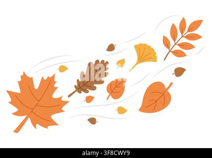 Autumn Leaves Blowing in the Wind with Maple, Oak, Ginkgo and Botanical Branches, Warm Seasonal Foliage Composition for Fall Banner, Thanksgiving Stock Vector