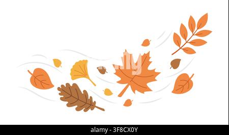 Autumn Leaves Blowing Across White Background with Maple, Oak, Ginkgo and Botanical Branches, Warm Seasonal Foliage Composition for Fall Banner Stock Vector