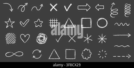 White Chalk Doodle Annotation Set with Arrows, Checks, Crosses, Stars, Spirals, Hearts, Waves, Geometric Shapes and Scribble Marks on Dark Blackboard Stock Vector