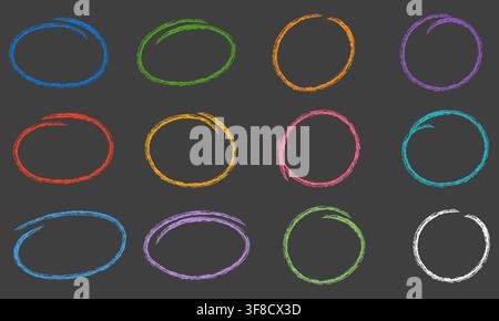 Colorful Hand Drawn Brush Circle and Oval Frame Set, Rough Marker Rings in Blue, Green, Orange, Purple, Red, Yellow, Pink, Turquoise and White on Dark Stock Vector