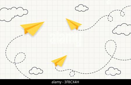 Yellow Paper Airplane Set with Dotted Flight Paths and Hand Drawn Clouds on Light Square Grid Notebook Background, Creative School, Travel and Stock Vector