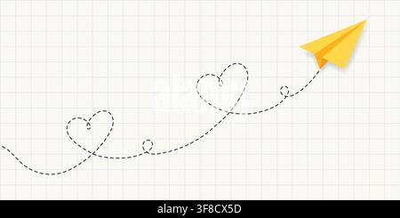 heart shapes drawn with one continuous dashed line. Yellow Origami Paper Airplane Flying Along a Dashed Heart Shaped Path on Notebook Grid Background Stock Vector
