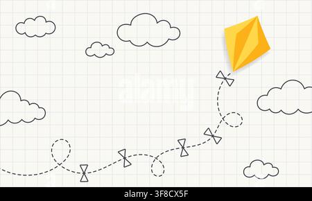 Back to School. Yellow Paper Kite with Doodle Bow Tail, Curved Flight Path and Clouds on Light Square Grid Notebook Background, Playful School Design Stock Vector