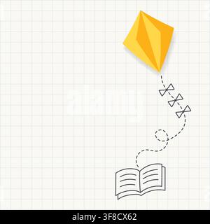 Yellow Paper Kite Flying from Open Book with Doodle Bow Tail on Light Square Grid Notebook Background, Education and Imagination Concept with Copy Stock Vector