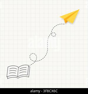 Yellow Paper Airplane Flying from Open Book with Dotted Curved Path on Light Square Grid Notebook Background, Education, Learning, Creativity and Stock Vector