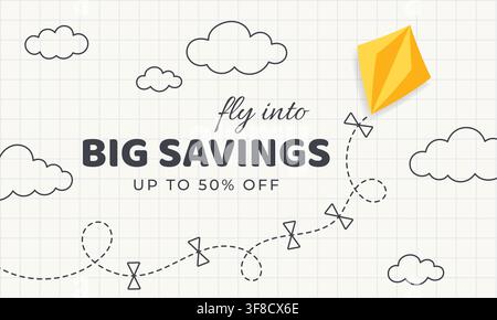 Back to School Sale Banner. Fly Into Big Savings Sale Banner with Yellow Paper Kite, Doodle Clouds, Curved Flight Path and Discount Typography on Stock Vector