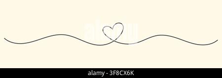 Minimal Continuous One Line Heart with Elegant Wavy Flourish on Cream Background, Romantic Love Symbol and Decorative Border for Valentine, Wedding Stock Vector