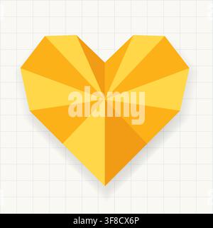 Large Golden Origami Heart on Light Notebook Grid Background, Geometric Folded Paper Love Symbol for Valentine, Wedding, Romance, Greeting Card Stock Vector