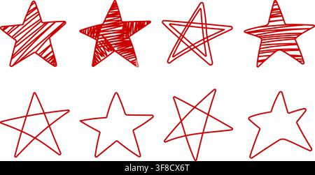 Set of Eight Red Hand Drawn Stars with Stripes, Scribbles and Outline Shapes Isolated on White Background, Playful Doodle Symbols for Rating, Award Stock Vector