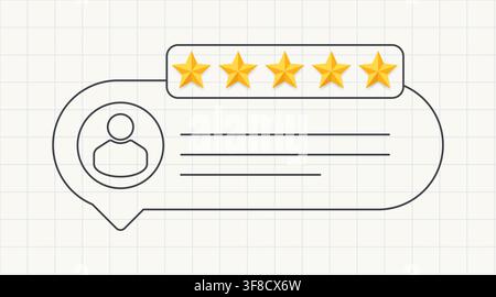 Five Star Customer Review and User Feedback Profile Card on Notebook Grid Background, Online Rating, Service Quality, Reputation, Satisfaction and Stock Vector
