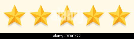 Five Golden Origami Stars in a Horizontal Row on Light Cream Background, Folded Paper Symbols for Five Star Rating, Customer Review, Quality, Success Stock Vector