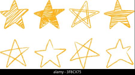 Set of Eight Golden Hand Drawn Stars with Stripes, Scribbles and Outline Shapes Isolated, Playful Doodle Symbols for Rating, Award, Success Stock Vector