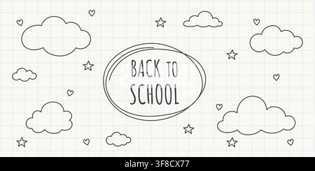 Back to School Hand Drawn Doodle Background with Clouds, Stars, Hearts and Oval Frame on Notebook Grid, Cute Education Banner for Student, Classroom Stock Vector