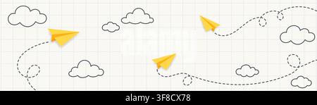 Back to School. Yellow Origami Paper Airplanes Flying Among Hand Drawn Clouds with Dashed Curved Paths on Notebook Grid Background, Creative School Stock Vector