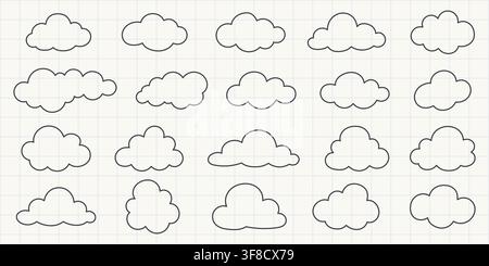 Doodle Clouds. Set of Twenty Hand Drawn Outline Clouds on Notebook Grid Background, Simple Doodle Cloud Shapes for Weather, Sky, School, Kids Stock Vector