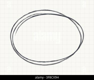 Hand Drawn Oval Scribble Frame on Notebook Grid Background, Rough Double Circle Outline for Text, Quote, Highlight, Label, Note, Poster, School and Stock Vector