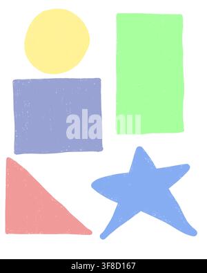 A set of hand-drawn geometric shapes including a circle, square, rectangle, triangle, and star suited for children's  education materials and designs. Stock Photo