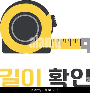 A yellow retractable tape measure appears with Korean text meaning Check The Length and represents measuring dimensions verifying size. Stock Vector