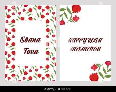 Two Rosh Hashanah greeting cards one with a pomegranate and flowers around Shana Tova, Stock Vector