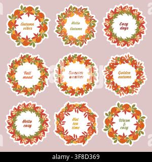 Nine autumn wreaths with colorful leaves and cozy seasonal quotes on pink background. Perfect illustration for fall design Stock Vector