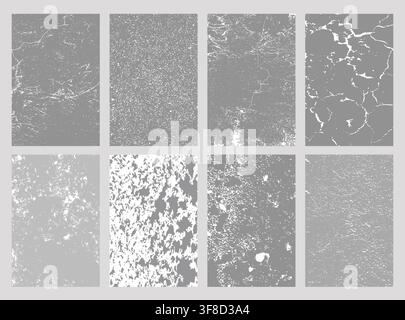 Set of 8 grunge cracked and weathered textures in grayscale. Perfect for overlays, posters, digital art Stock Vector