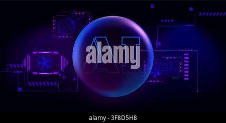 Futuristic ai technology background with neon blue hud tech frame, glowing sphere, digital letter pattern on black. Vector abstract illustration, cyberpunk space interface with global analysis design Stock Vector