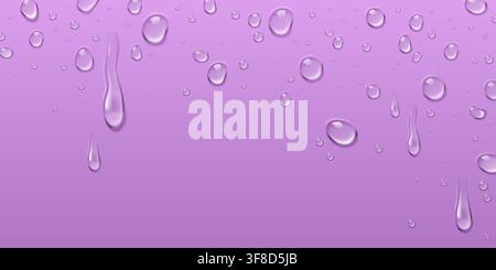 Realistic water droplets on pink background. Vector illustration of wet surface with fresh moisture beads and splash effects, cosmetics presentation banner design, shower condensation, cool raindrops Stock Vector