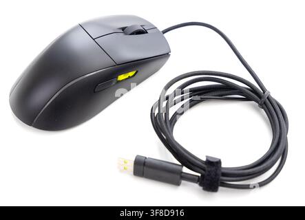 A black wired computer mouse with its cable on white Stock Photo